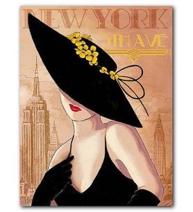 Cakatablo MDF (Ahşap) Tablo New York Zeminde Sarı Çiçekli Şapkalı Kadın Görseli