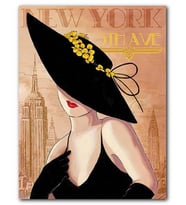 Cakatablo MDF (Ahşap) Tablo New York Zeminde Sarı Çiçekli Şapkalı Kadın Görseli