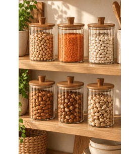 Atbyhome 6'lı Akasya Ahşap Kapaklı Çizgili Cam Kavanoz 860 ml - Vakumlu Erzak Ve Baharat Seti