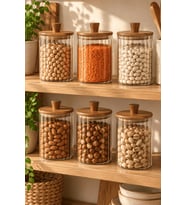 Atbyhome 6'lı Akasya Ahşap Kapaklı Çizgili Cam Kavanoz 860 ml - Vakumlu Erzak Ve Baharat Seti
