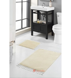 Simirna Ponpon Saçaklı Peluş Yıkanabilir Kaymaz Banyo Paspası 2'li Klozet Takımı Bej