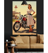 Motosikletli Kadın Vintage Stili Dekoratif Kanvas - Mdf Ahşap Tablo