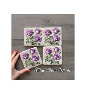 BİLGE tasarım Stone Decor Taş Bardak Altlığı 4'lü Set 10x10x1 Cm desenli