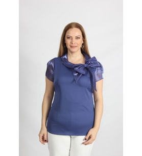 Yakası Fiyonk Detaylı Saten Bluz (Lacivert)