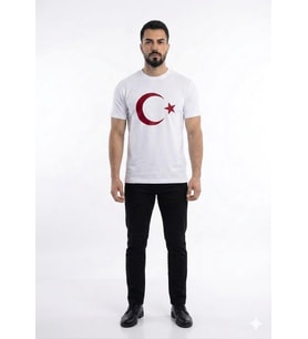 Erkek Ay Yıldızlı Türk Bayraklı Kısa Kol Tişört Beyaz
