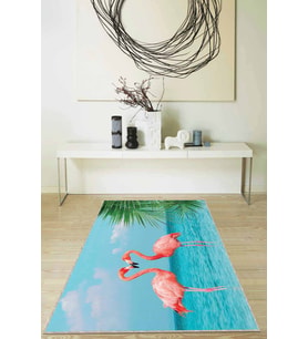Turkuaz Flamingo Desenli Kaymaz Tabanlı Dekoratif Halı RV325 - 100 x 160 cm