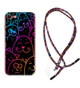 Apple iPhone 5 6 7 8 Plus Se XR Kılıf Boyun Asklı Rasta Silikon Neon Cats 1790