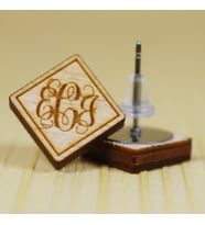 Monogram Yazılı Gümüş Kaplama ve Ahşap Kare Küpe
