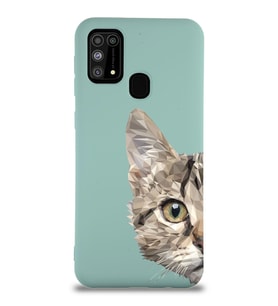 Samsung Galaxy M31 Uyumlu Lansman Kılıf Catface Tasarımlı İçi Kadife Kapak-Turkuaz (Şeffaf)