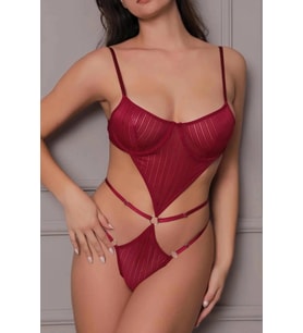 Transparan Bordo Dekolteli Balenli Fantazi İç Giyim Body TM1410