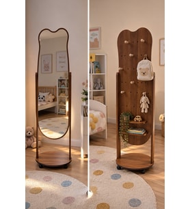 Ahşap Ayıcık Kulaklı Oval Gövdeli Çocuk Odası Boy Aynası Tekerlekli Delikli Panel Askılık Kombinli 170*41 12-3
