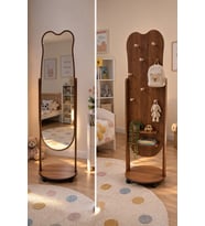 Ahşap Ayıcık Kulaklı Oval Gövdeli Çocuk Odası Boy Aynası Tekerlekli Delikli Panel Askılık Kombinli 170*41 12-3