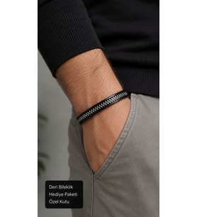 Ternavo Silverstitch Siyah Deri Erkek Bileklik - Gümüş Ton Zincir Şeritli