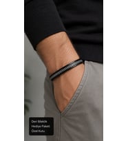 Ternavo Silverstitch Siyah Deri Erkek Bileklik - Gümüş Ton Zincir Şeritli