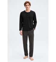 Gd Goldoremi Erkek Premium %100 Pamuklu Çizgili Rahat Kalıp Uzun Kollu Pijama Takım