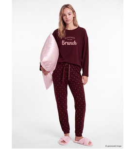 LCW DREAM Kırmızı Bisiklet Yaka Baskılı Kadın Pijama Takım