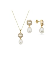 Baget Sekizgen Doğal İncili Sallantı Küpe Kolye İkili Set (Sarı)