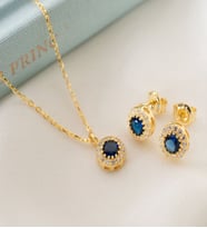 925 Ayar Gümüş Eylül Ayı Doğum Taşı ( Sapphire ) Kolye - Küpe Seti