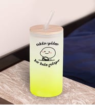 BK Gift Esprili Tasarım Sarı Renk Pipetli Buzlu Cam Bardak 600ml - 10, Arkadaşa Hediye, Doğum Günü Hediyesi