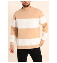 Parçalı Bisiklet Yaka Baskılı SweatShirt - Bej