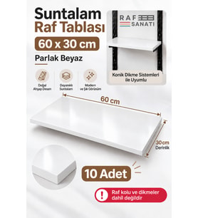 10 Adet - Suntalam Raf Tablası 60x30 cm Beyaz Ahşap Raf Konik Dikme Sistemleri ile Uyumlu