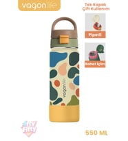 550 ML Desenli Tek Kapak Çift Kullanım Pipetli Rahat İçim Kulplu Paslanmaz Çelik Termos 1109-550ML