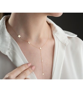 Kişiye Özel 925 Ayar Gümüş Minimalist Ay ve Yıldız Y Kolye (Gold)