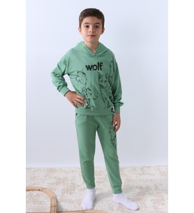 ERKEK ÇOCUK KAPŞONLU EŞOFMAN TAKIMI 4 MEVSİM WOLF BASKILI RİBANALI F12 (Yeşil)