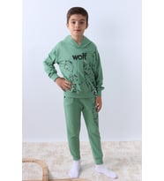 ERKEK ÇOCUK KAPŞONLU EŞOFMAN TAKIMI 4 MEVSİM WOLF BASKILI RİBANALI F12 (Yeşil)