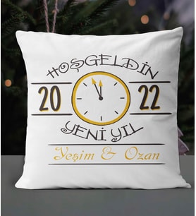 Kişiye Özel Mutlu Yıllar Saat Temalı Saten Kare Yastık (Beyaz)