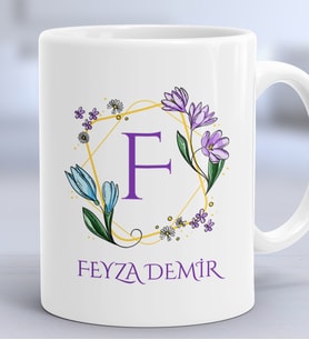 Kişiye Özel Çiçekli F Harfli Hediye Kupa Bardak İsim Soyisim Yazılı (Beyaz)