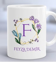 Kişiye Özel Çiçekli F Harfli Hediye Kupa Bardak İsim Soyisim Yazılı (Beyaz)