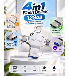 4in1 128GB USB Flash Bellek Lightning Type-C USB-A MicroUSB Girişli Çok Amaçlı Bellek