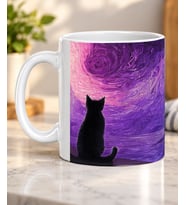 Yıldızlı Gece Tarzı Kedi Silüeti Desenli Sanatsal Kedi Severlere Hediye Porselen Kupa Bardak