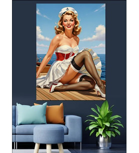 Beyaz Elbiseli Oturan Pin-Up Dekoratif Kanvas - Mdf Ahşap Tablo