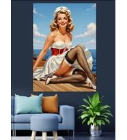 Beyaz Elbiseli Oturan Pin-Up Dekoratif Kanvas - Mdf Ahşap Tablo