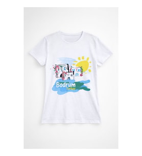 Kadın Bisiklet Yaka %100 Pamuk Renkli Bodrum Baskılı T-Shirt