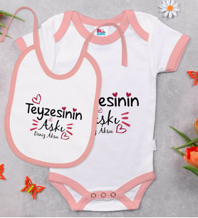 BK Kids Kişiye Özel Teyzesinin Aşkı Tasarımlı Pembe Bebek Body Zıbın ve Mama Önlüğü Hediye Seti