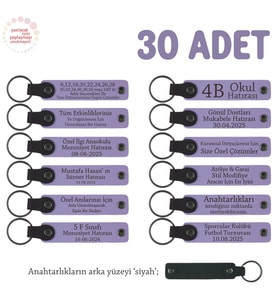 Etkinliklere Uygun Hediyelik, 30'lu Set, Kişiye Özel Yazılı Deri Anahtarlık, Mor Menekşe & Siyah (Lila - Mor)