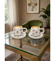 evinbizden EL DEKORLU PAPATYA DESENLİ 2 KİŞİLİK 4 PARÇA TABAKLI KUPA/FİNCAN/MUG SERAMİK ÇİÇEKLİ (Çiçek Kirmizi)