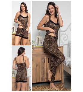 Kadın Leopar Desenli Dantel Detaylı Şortlu Ve Taytlı Pijama Takımı 3'lü Set 75000