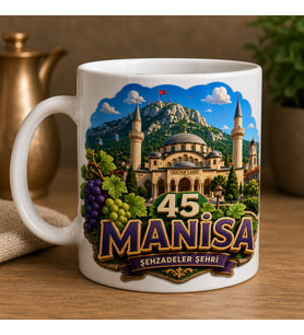 Manisa Temalı Hediyelik Kupa Bardak - 45 Plaka Şehzadeler Şehri Üç Boyutlu Kabartma Efektli Özel Tasarım Kupa