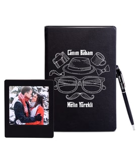 Canım Babam Deri Defter & Metal Tükenmez Kalem + Ahşap Çerçeve Hediye
