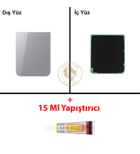 Samsung Galaxy Z Flip 5 Gri Renk Arka Kapak + B7000 Yapıştırıcı Arka Cam Batarya Kapağı Pil Kapağı Lazer Kesim Back Cover Galaxy Z Flip 5 Uyumlu