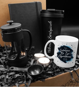 Öğretmenler Gününe Özel 400  ML Çelik Termos & French Press & Kişiye Özel Plakalı Defter & Tasarım Kupa & İkili Mum