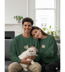 İran Kedisi Desenli Sevgili Sweatshirt – Unisex Çift Kombini (Koyu Yeşil)