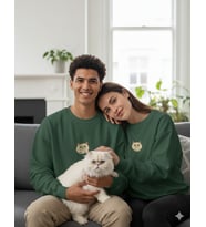 İran Kedisi Desenli Sevgili Sweatshirt – Unisex Çift Kombini (Koyu Yeşil)
