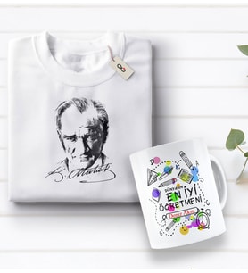 BK Gift Kişiye Özel Öğretmenler Günü Tasarımlı Kupa Bardak ve Atatürk Baskılı Tişört Hediye Seti- 2-16, Öğretmene Hediye, Öğretmenler Günü, 100. Yıl Hediyesi