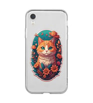 Iphone XR Uyumlu Çiçek ve Kedi Tasarımlı Şeffaf Telefon Kılıfı