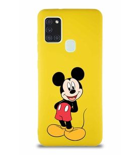 Samsung Galaxy A21S Soft Premier Kapak Mickey Mouse-B Tasarımlı Silikon Kılıf - Sarı (Şeffaf)